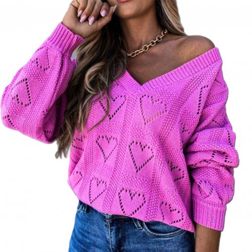 Heart Hollow Crochet Sweater Loose V Neck Long Sleeve Casual Knitwear Jumper