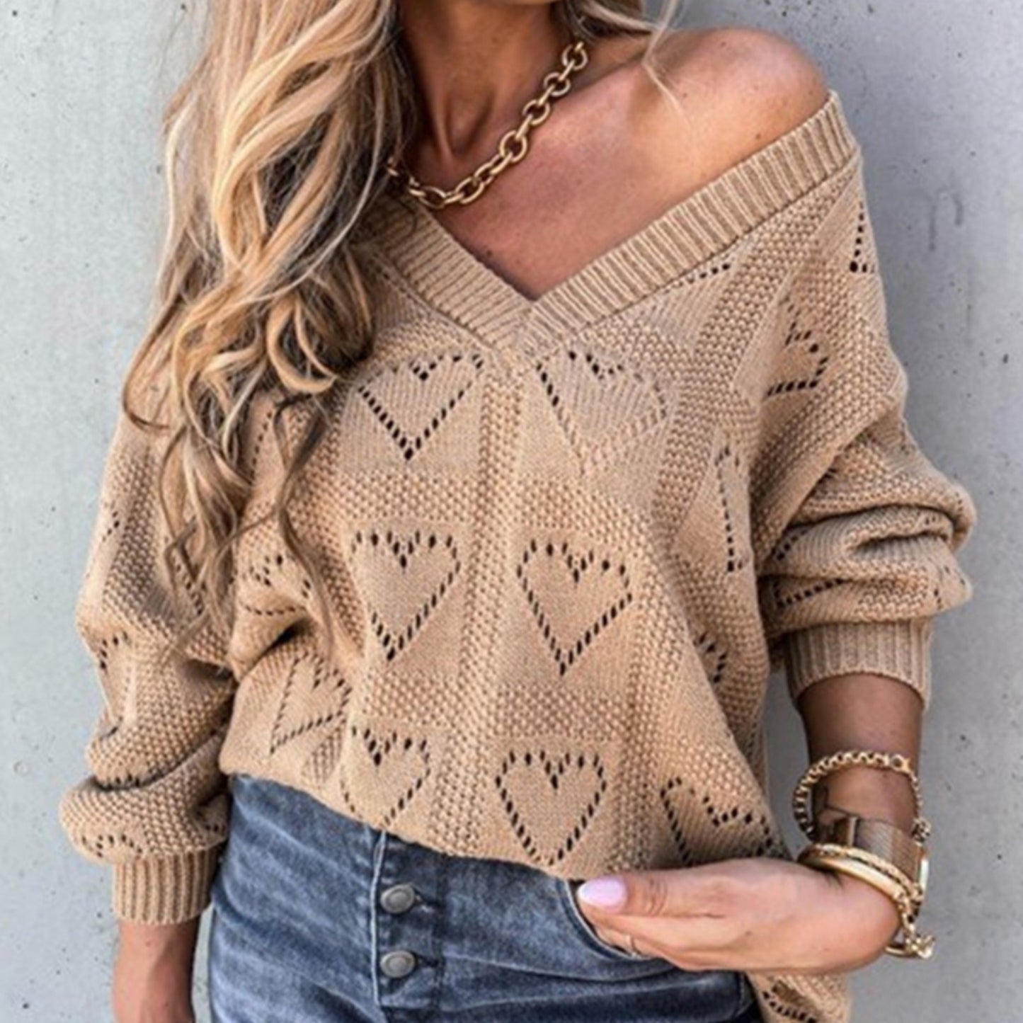 Heart Hollow Crochet Sweater Loose V Neck Long Sleeve Casual Knitwear Jumper