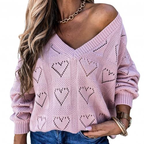 Heart Hollow Crochet Sweater Loose V Neck Long Sleeve Casual Knitwear Jumper
