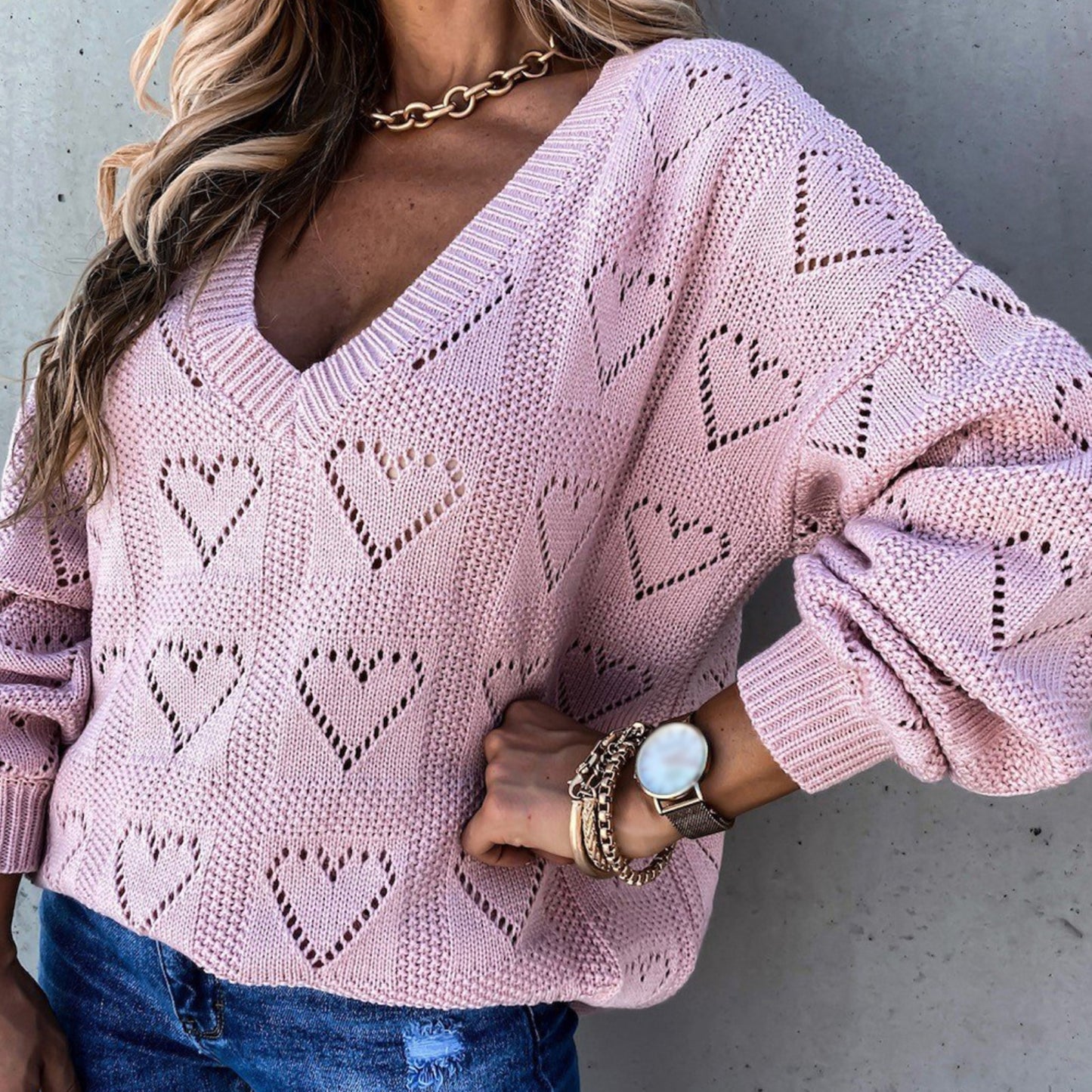Heart Hollow Crochet Sweater Loose V Neck Long Sleeve Casual Knitwear Jumper