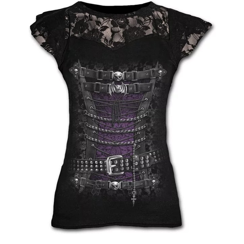 Plus Size Goth Top Graphic Lace T Shirts