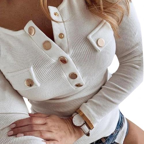 Women Long Sleeve Solid Color Button-s Ribbed Slim Low-cut Blouse