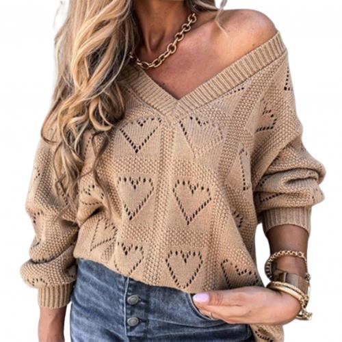 Heart Hollow Crochet Sweater Loose V Neck Long Sleeve Casual Knitwear Jumper