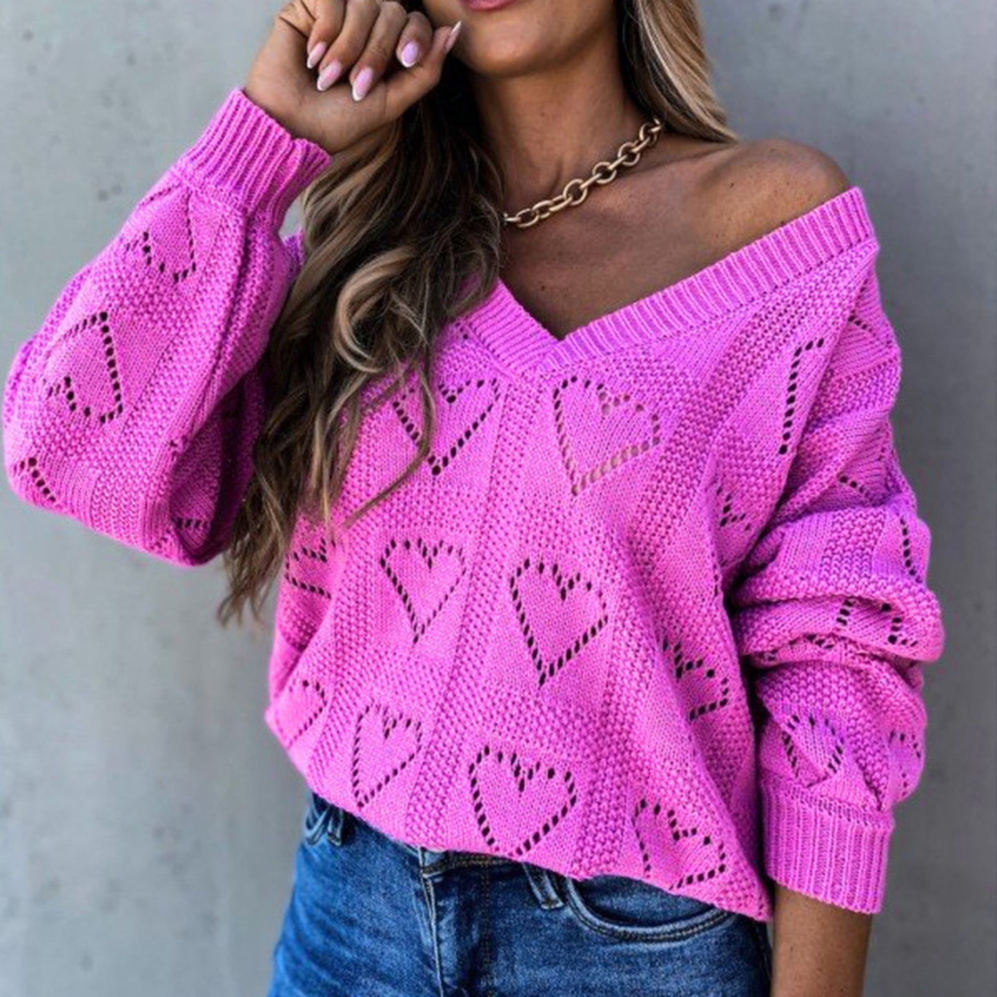 Heart Hollow Crochet Sweater Loose V Neck Long Sleeve Casual Knitwear Jumper