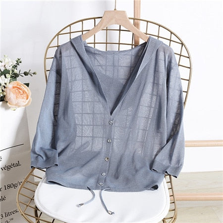 Hooded Thin Sweater Cardigan Silk Linen Lace Up V-neck Short Design Loose Top