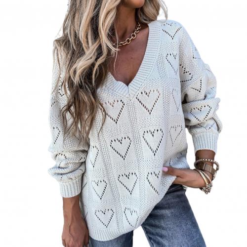 Heart Hollow Crochet Sweater Loose V Neck Long Sleeve Casual Knitwear Jumper