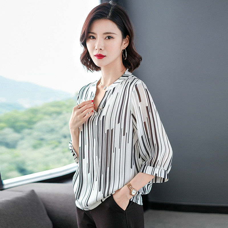 Chiffon Blouses Blouses Striped V-neck Three Quarter Sleeve Casual Loose Tops
