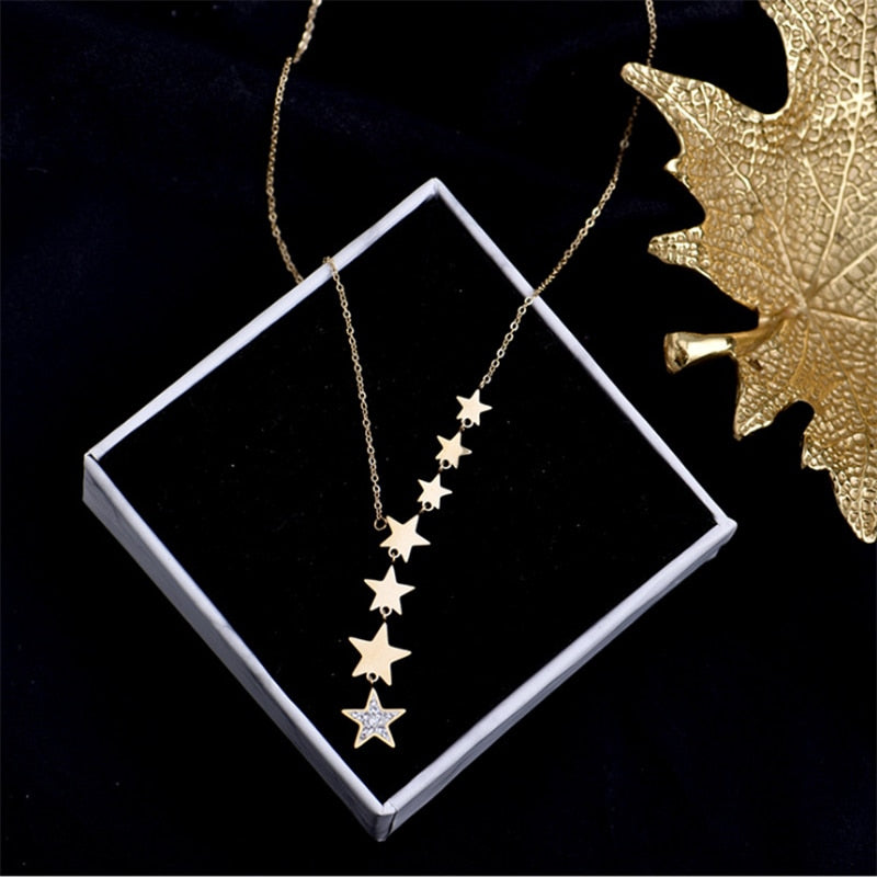 DIEYURO Stainless Steel Gold Color Multiple Stars Zircon Necklace