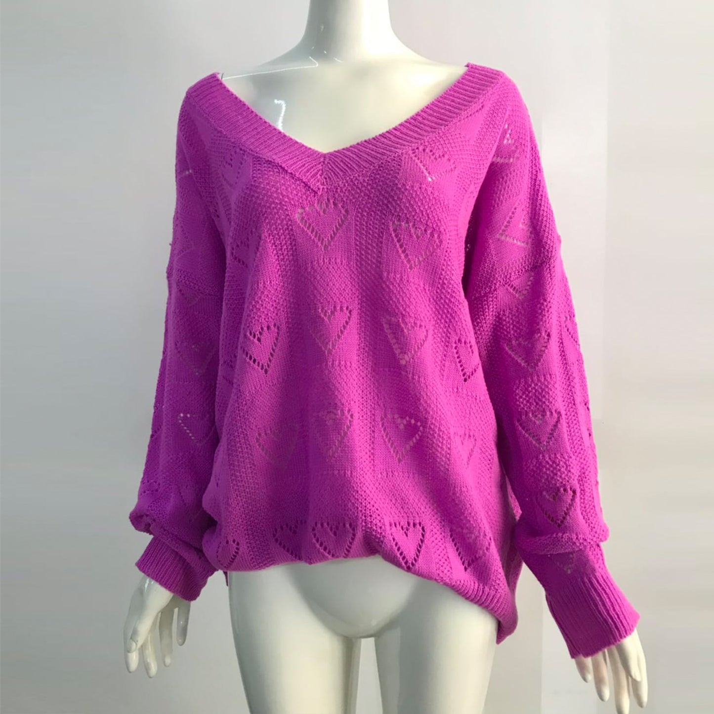Heart Hollow Crochet Sweater Loose V Neck Long Sleeve Casual Knitwear Jumper