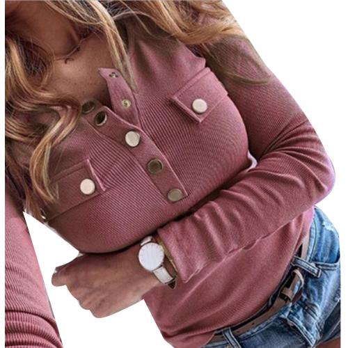 Women Long Sleeve Solid Color Button-s Ribbed Slim Low-cut Blouse