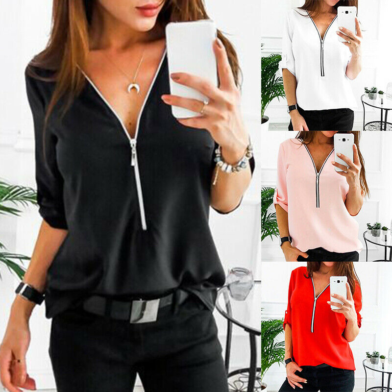 Long Sleeve V Neck Loose Long Chiffon Blouse