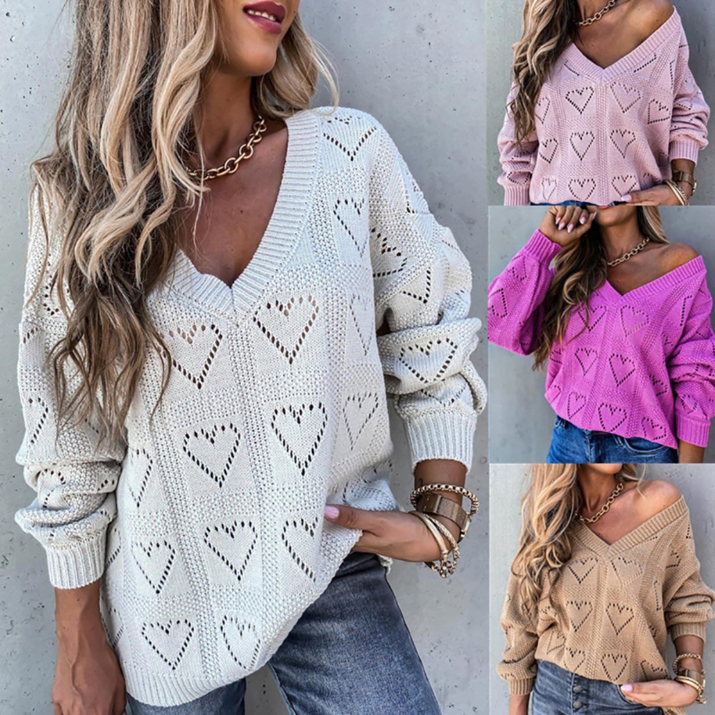 Heart Hollow Crochet Sweater Loose V Neck Long Sleeve Casual Knitwear Jumper