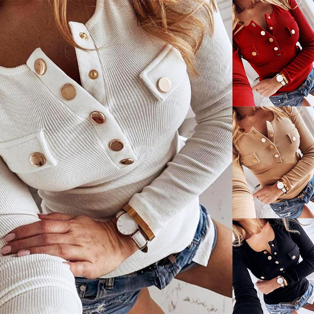 Women Long Sleeve Solid Color Button-s Ribbed Slim Low-cut Blouse
