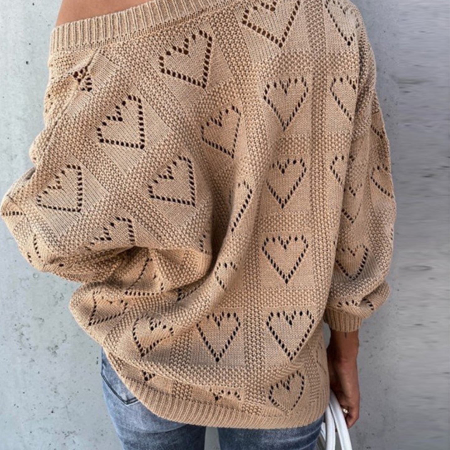 Heart Hollow Crochet Sweater Loose V Neck Long Sleeve Casual Knitwear Jumper