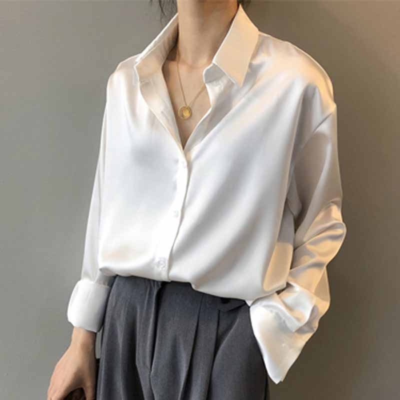 Silk Ladies Elegant Shirt Women Fashion Button Up Satin Shirt Long Sleeve Shirt