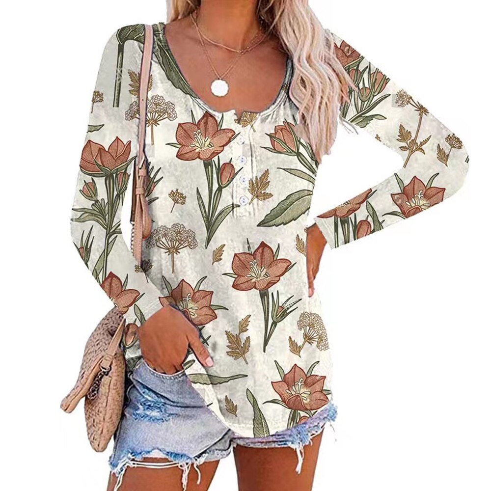 Long Sleeves Cotton Tops Fashion Floral