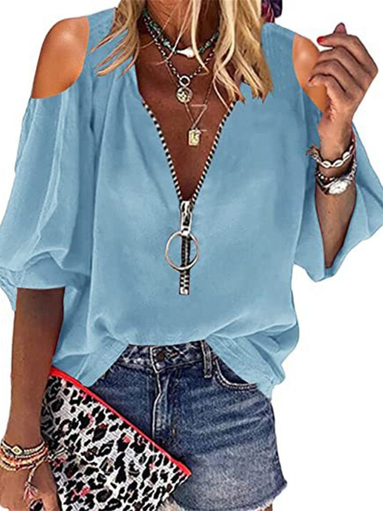Solid Women Blouses Zipper V Neck 3/4 Sleeve Lady Shirts Oversize Blouse